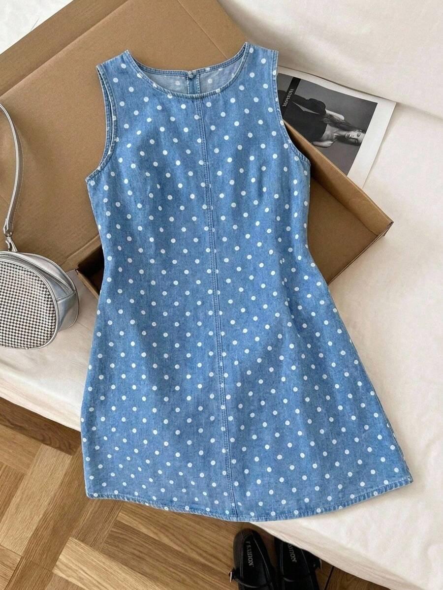 blue polka dot denim sleeveless mini dress