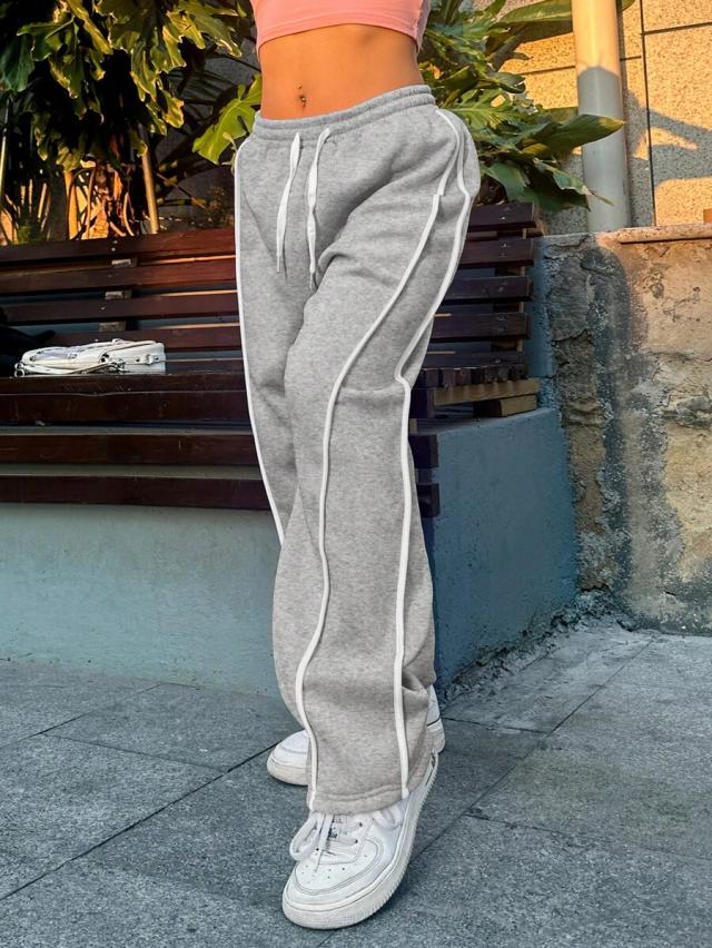 grey contrast trim drawstring waist athleisure sweatpants