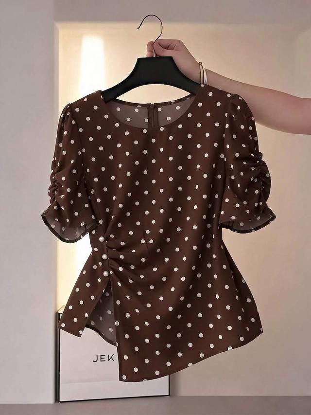 brown polka dot asymmetric blouse with ruched sleeves