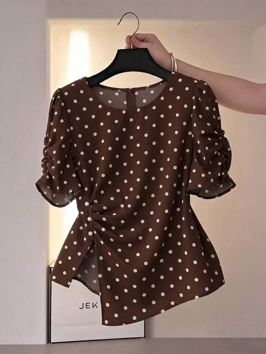 brown polka dot asymmetric blouse with ruched sleeves