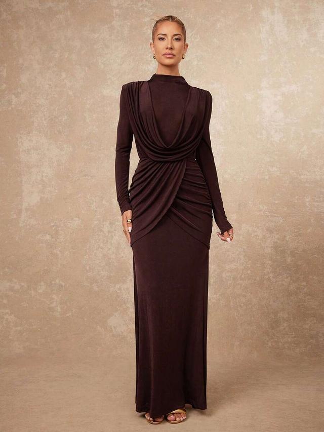 dark chocolate long sleeve ruched draped evening gown