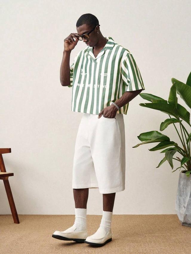 men's casual striped short sleeve shirt green white