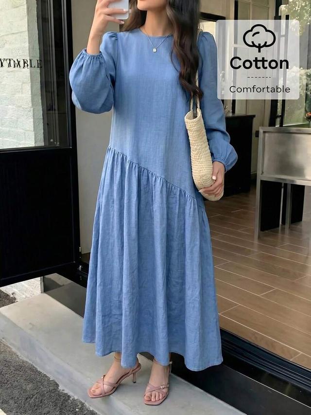 asymmetrical loose fit dusty blue cotton linen dress