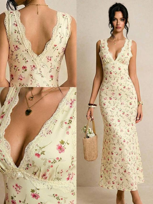 floral print cream satin camisole dress with lace trim