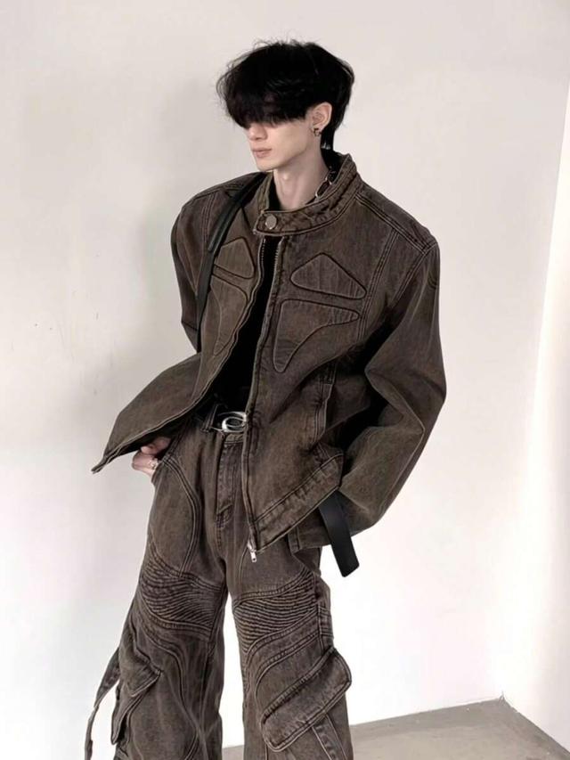 washed brown denim motorcycle jacket with panel detailing