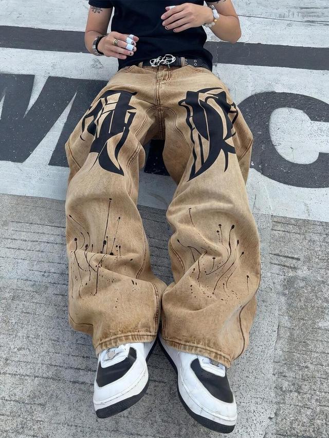 men's patterned pocket wide leg loose casual denim jeans