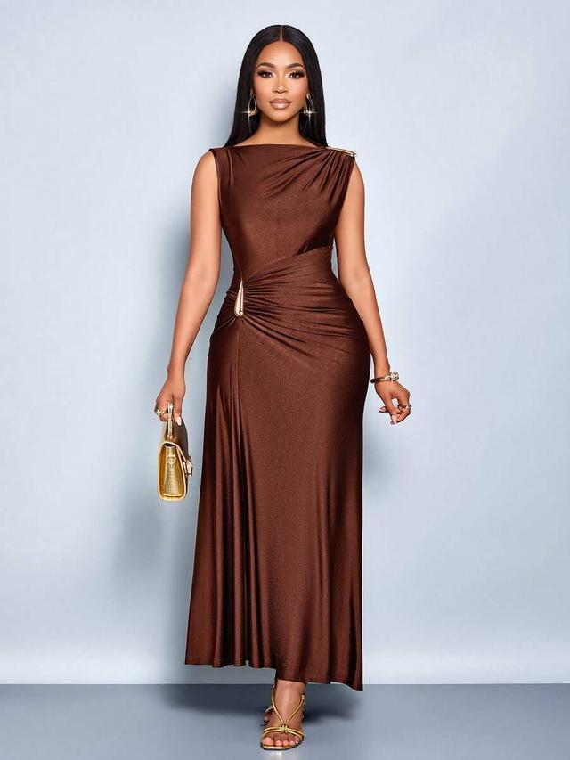 chocolate brown draped sleeveless midi dress
