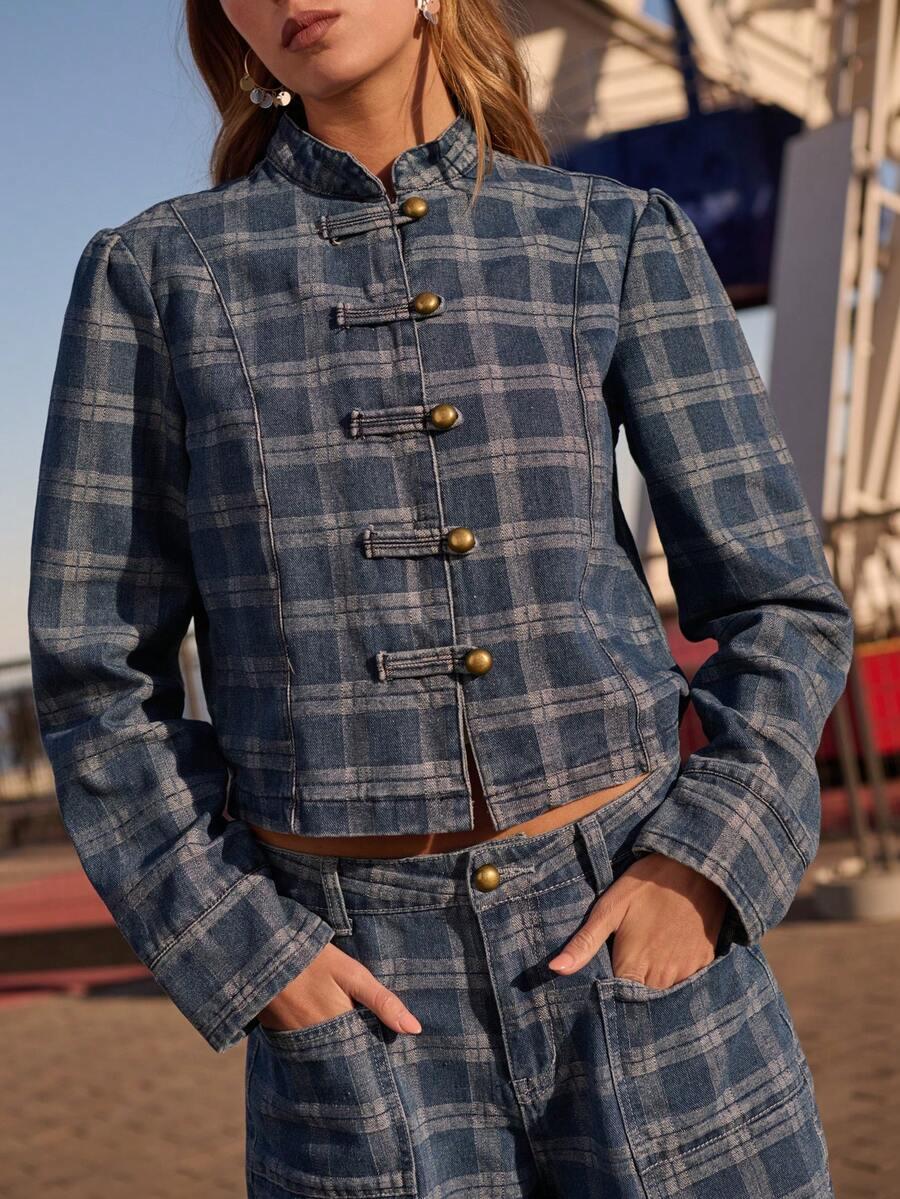 plaid denim mandarin collar cropped jacket