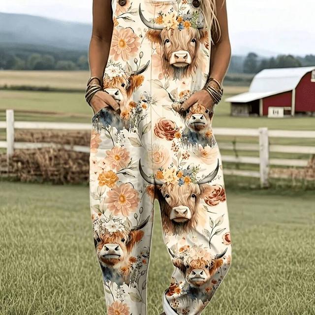 farm cow print pocket loose fit adjustable suspender overalls