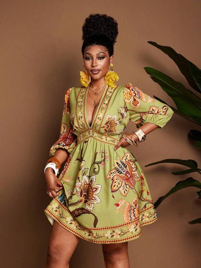 green floral print deep v-neck mini dress