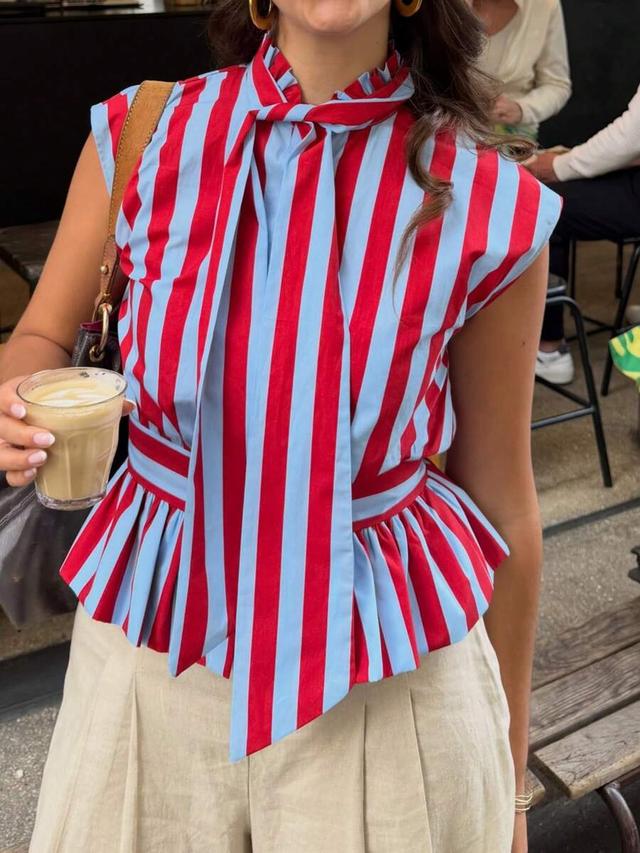 red and blue striped bow tie peplum blouse