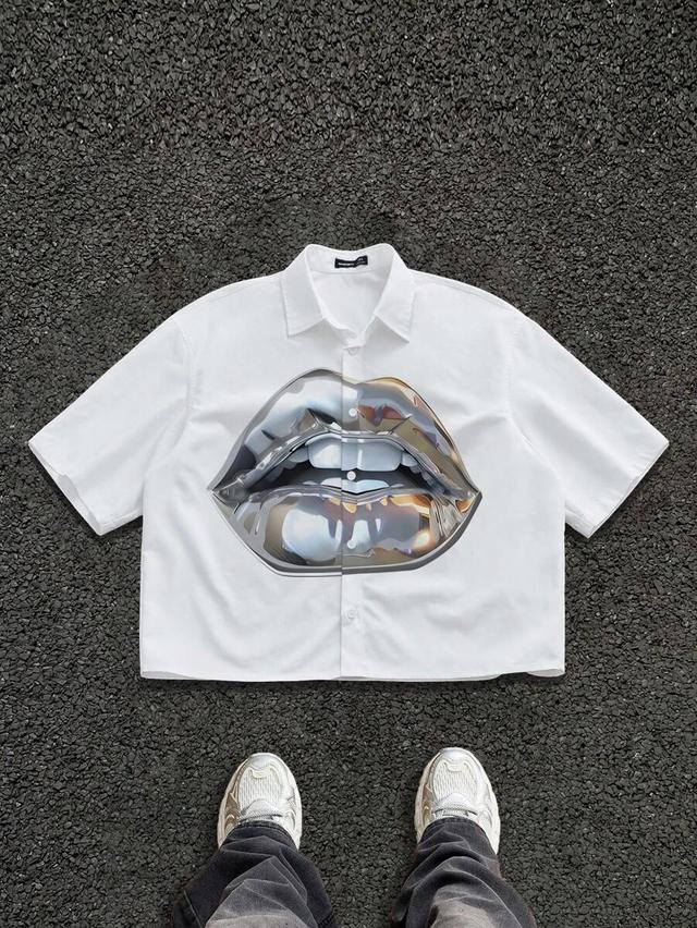 white short sleeve button down shirt with lip print