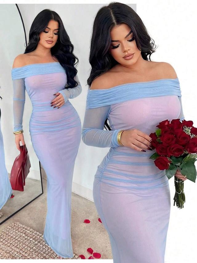 light blue off-shoulder ruched mesh midi dress