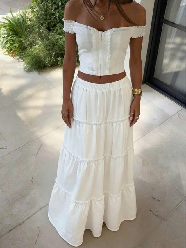 white tiered ruffle bohemian maxi skirt