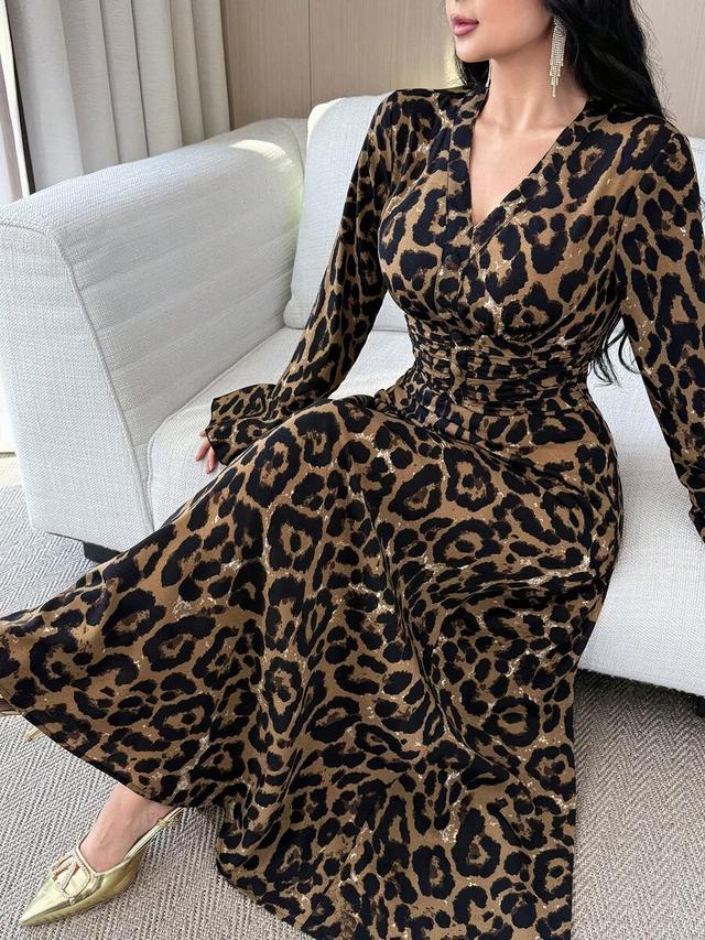 feyla women's leopard print v-neck long sleeve dress