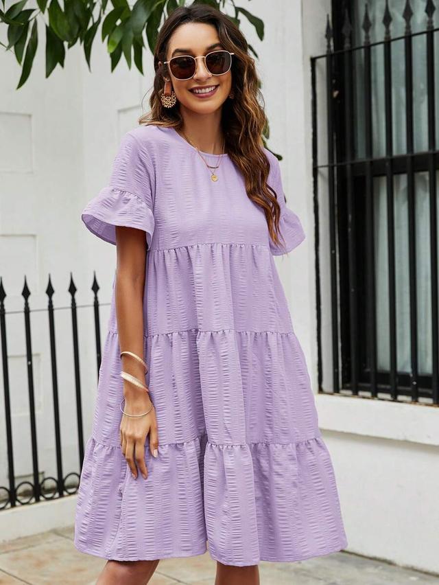 lilac textured tiered ruffle sleeve shift dress