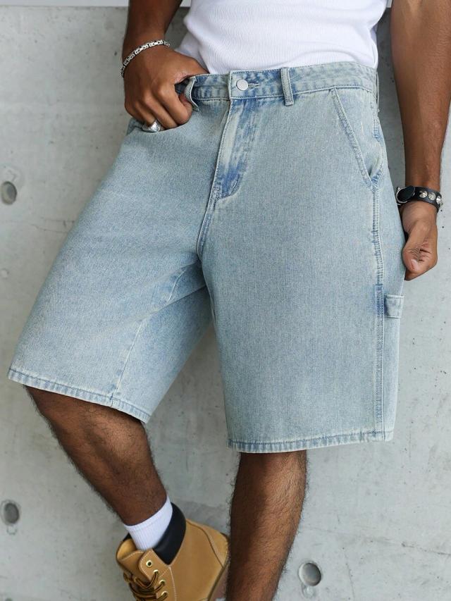 light blue denim cargo shorts with utility pockets
