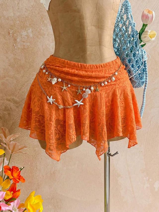 burnt orange lace asymmetric hem mini skirt