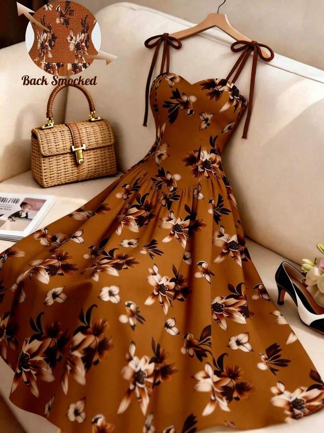 gloweve brown floral spaghetti strap a-line dress