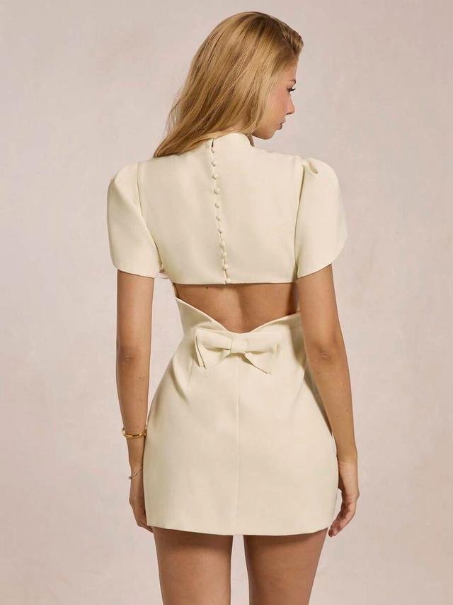 apricot puff sleeve backless mini dress with bow