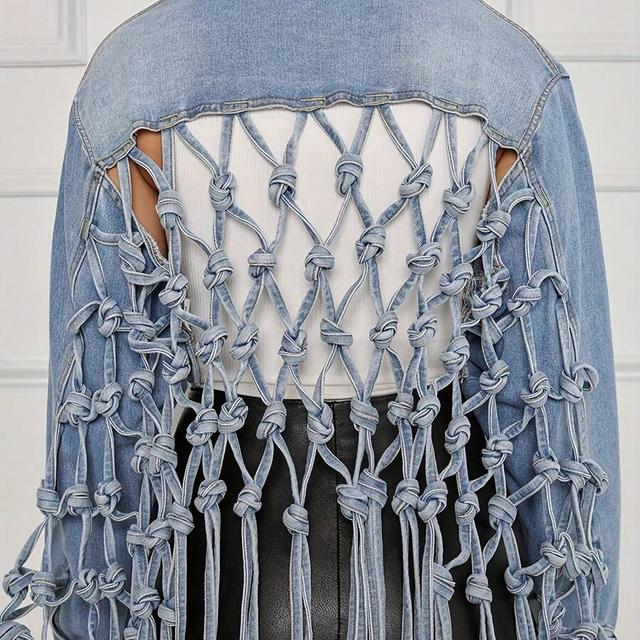 light wash denim jacket with knotted back tassel detail