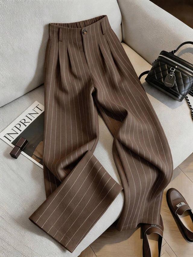 brown pinstriped linen blend trousers