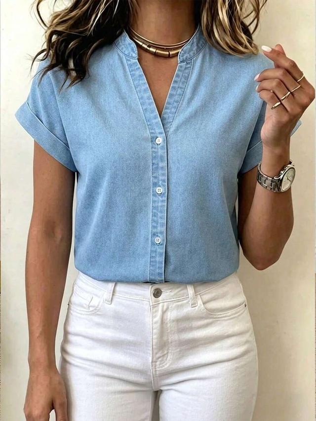 light wash denim short sleeve button down shirt