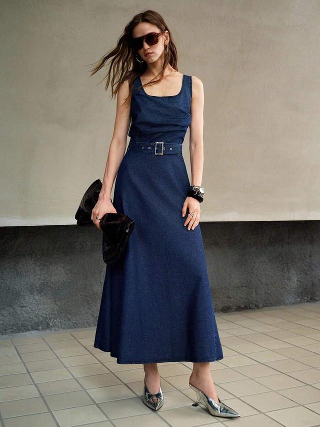 asymmetric pleated waist flared denim dress