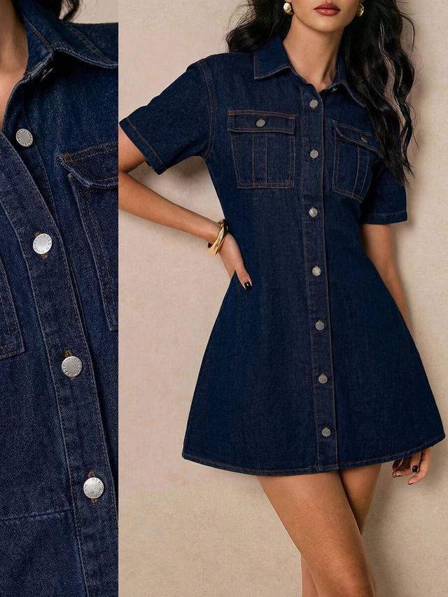 dark blue denim short sleeve button-down dress