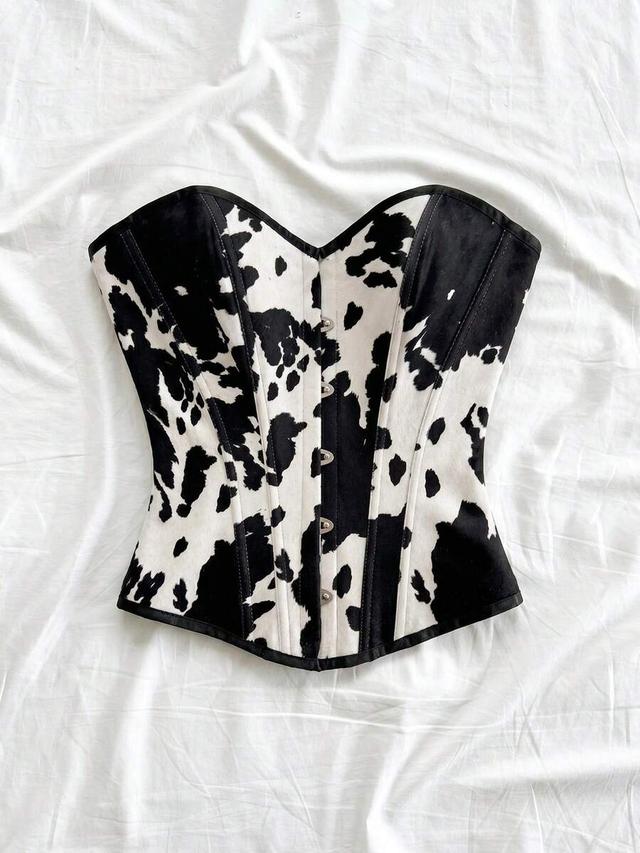 cow print jacquard corset top with front hooks