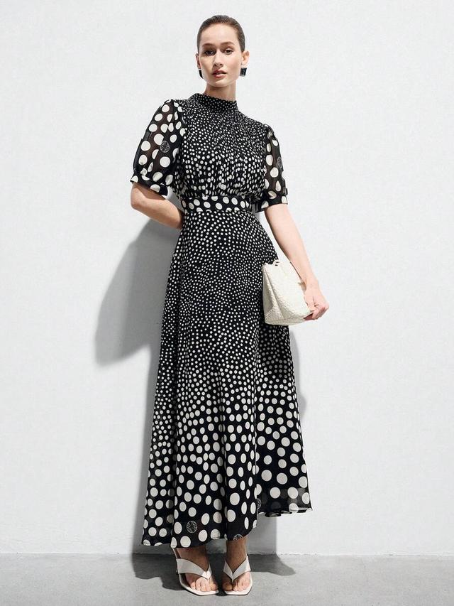 black and white polka dot pleated chiffon tea dress