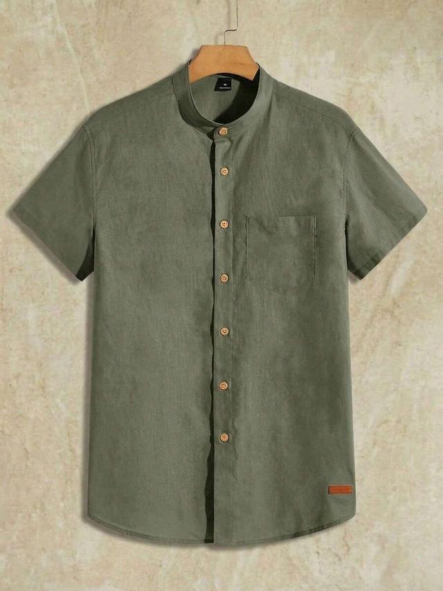 olive green linen blend stand collar short sleeve shirt