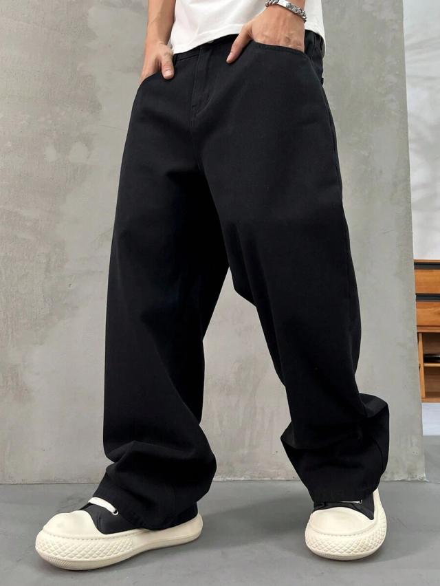 men's black wide leg loose fit denim trousers