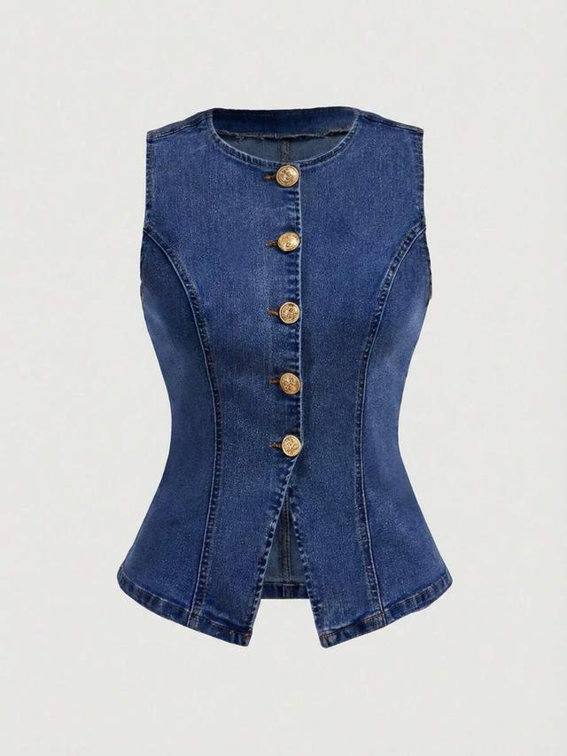 round neck sleeveless front button denim top