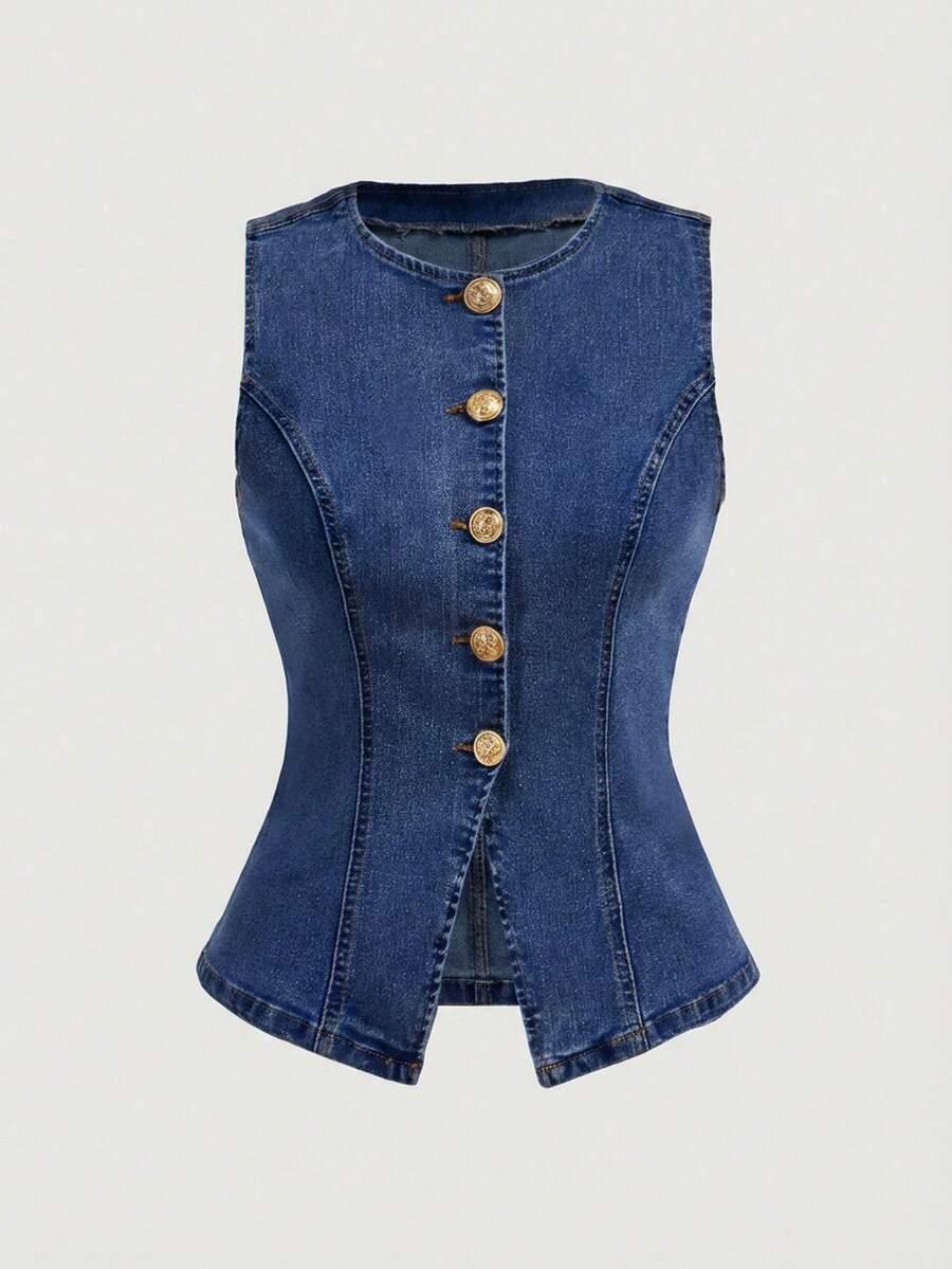 round neck sleeveless front button denim top