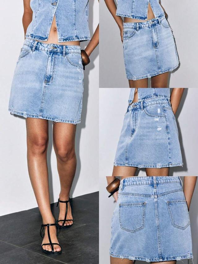 light wash denim mini skirt with frayed hem