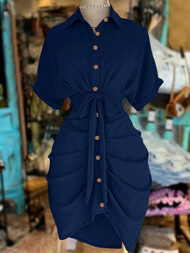 navy blue button-down shirt dress with waist tie