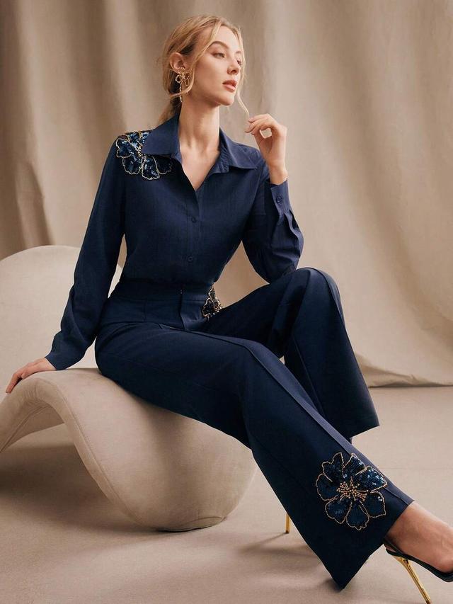 navy blue sequin floral applique two-piece set