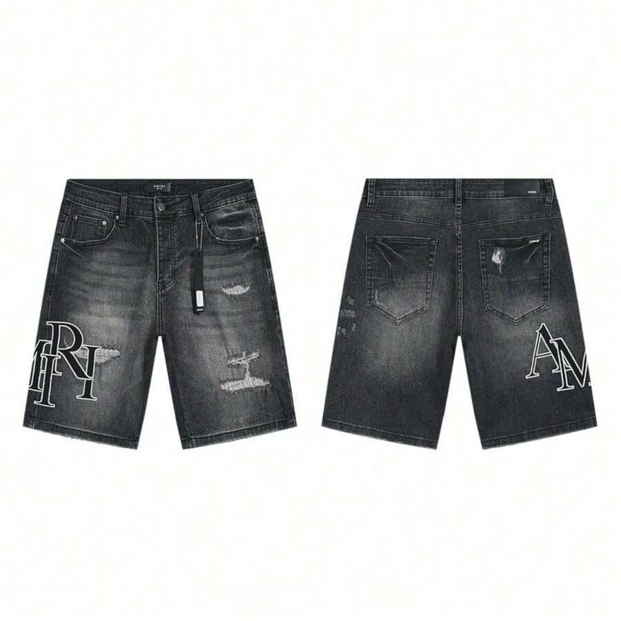men's distressed black denim hip hop shorts