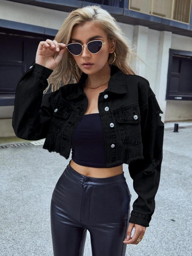 black distressed cropped denim jacket