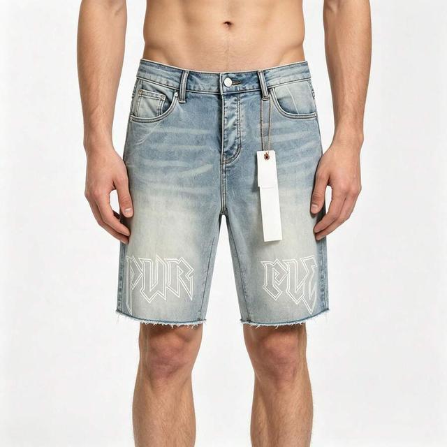 purple men's splash paint raw hem denim shorts