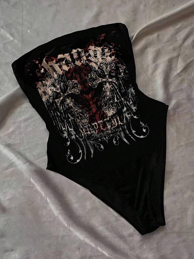 black bandeau bodysuit with gothic cross print