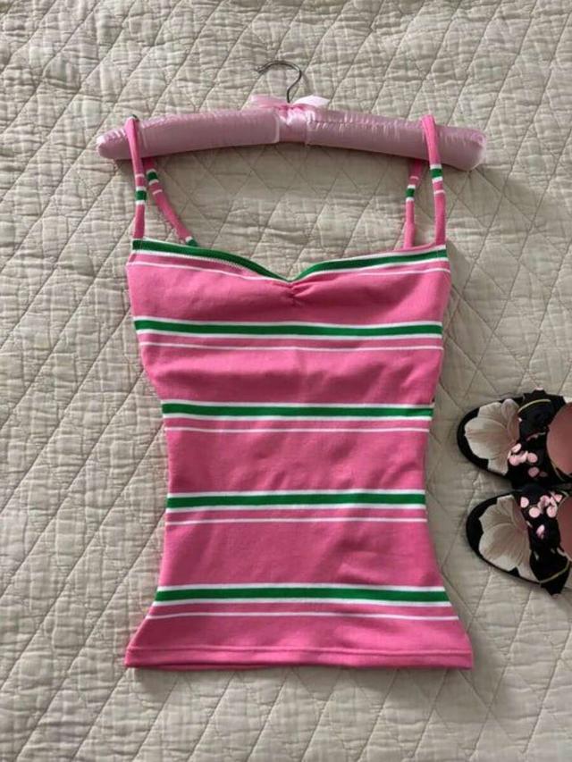 pink and green striped ruched bust camisole