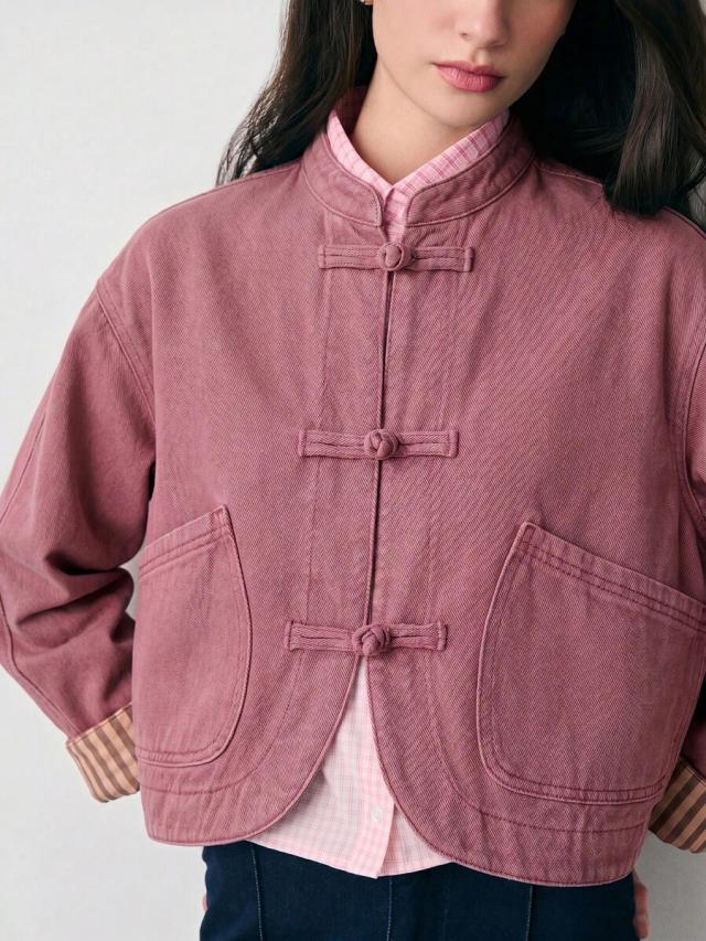 mauve cotton twill mandarin collar jacket with frog closures