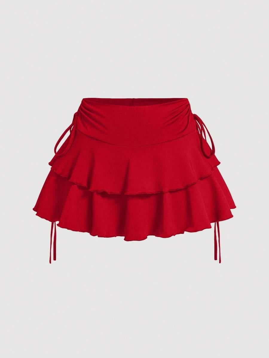red drawstring pleated waist tiered mini skirt