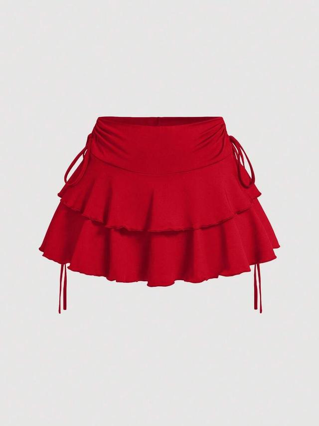 red drawstring pleated waist tiered mini skirt
