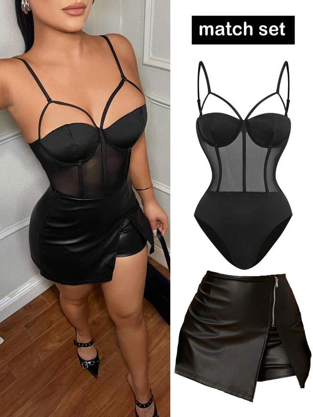 black mesh patchwork corset bodysuit with camisole straps