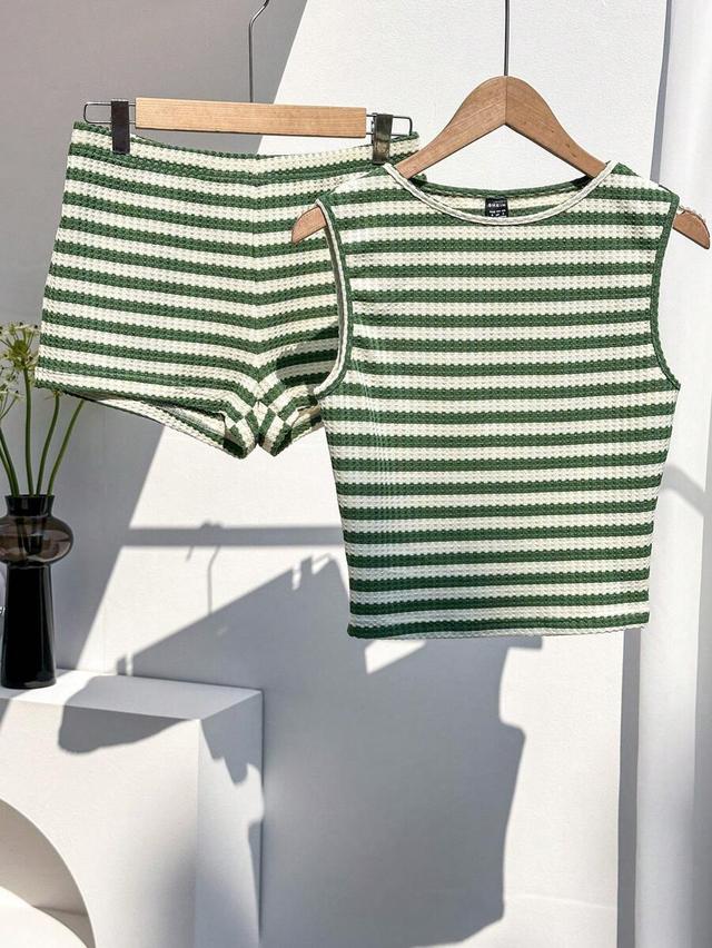 green and white striped waffle knit tank and shorts