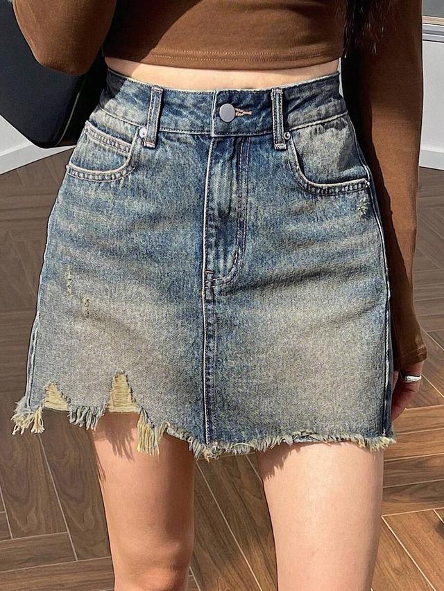 distressed wash denim a-line mini skirt