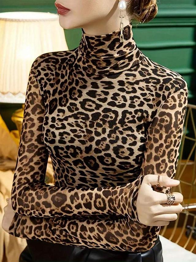 leopard print mesh turtleneck long sleeve top
